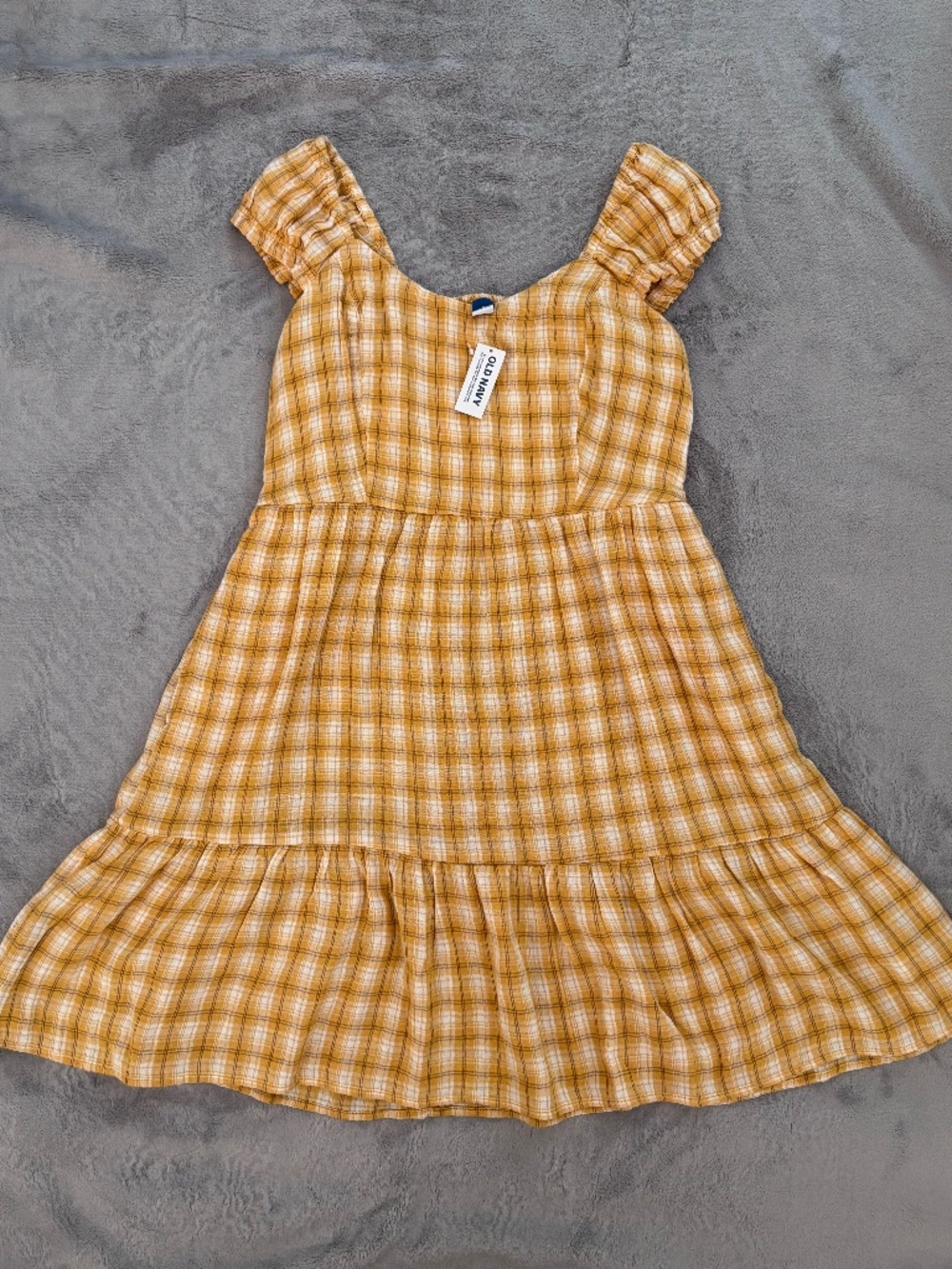 Old Navy Mustard Yellow Plaid Babydoll Smocked Dress Medium / M w/ Side Pockets